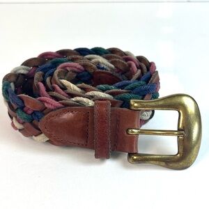 Vintage Braided Multicolor Leather & Fabric‎ Preppy Belt with Heavy Brass Buckle